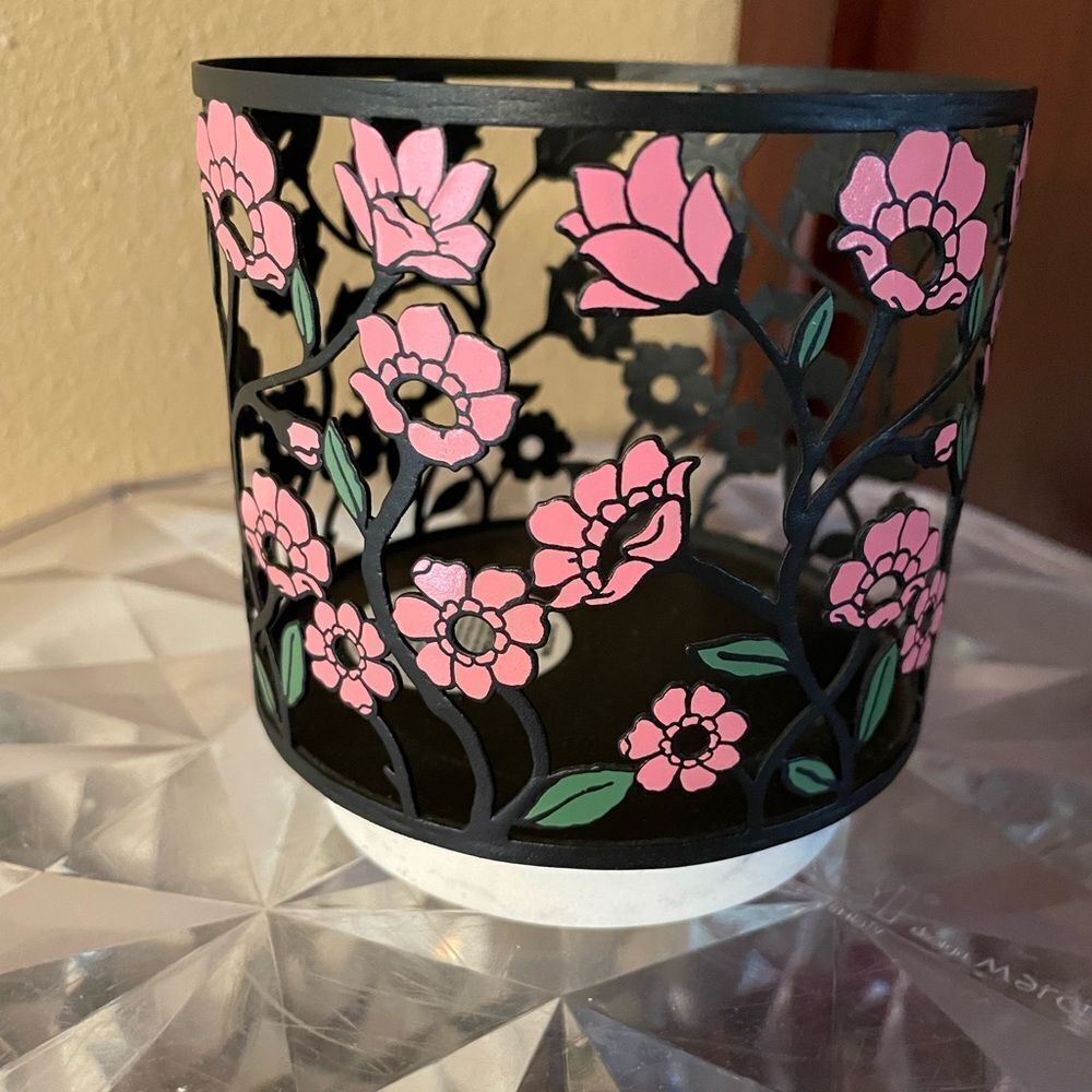 Bath & Body Works Black Metal Pink Poppy Flower Marble Base Candle Holder - Picture 1 of 14